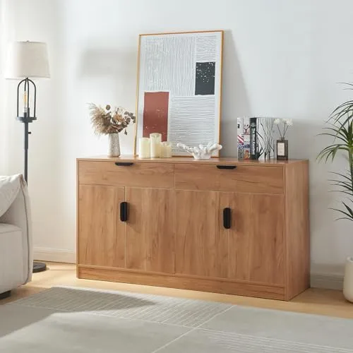 [en.casa] Sideboard Varkaus - Eleganter Wohnzimmerschrank mit 4 Türen und 2 Schubladen - Kommoden & Sideboards – Stilvolles Design in Eichenoptik, vielseitige Aufbewahrung für Ihr Wohnzimmer und einfach zu montieren.