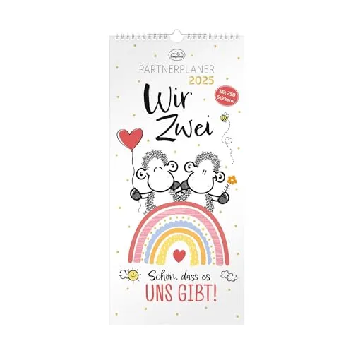 Sheepworld Partnerplaner 2025: Wir Zwei. Schön, dass es uns gibt.. Wandkalender mit zwölf Monatsseiten mit 4 Spalten zum Planen, Spiralbindung, inklusive Stickerbogen mit 250 Aufklebern.