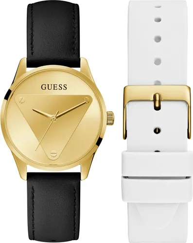 Guess GW0642L1 Damenuhr Emblem 36mm - Elegant mit Wechselarmband - Damenuhr mit goldfarbenem Zifferblatt und Edelstahlgehäuse, inklusive zusätzlichem weißen Silikonarmband für vielseitige Looks. Perfekt für modebewusste Frauen!