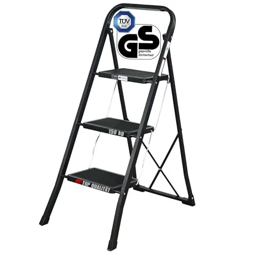 PROREGAL Klappbare Trittleiter mit TÜV/GS Zertifizierung - Leiter, klappbar und kompakt, mit 3 rutschfesten Stufen für sicheren Aufstieg bis 150 kg Traglast. Ideal für Zuhause und vielseitig einsetzbar!