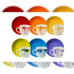 Excelsa Set von 6 Espressotassen mit Untertassen - Thermobehälter - Fröhliches Dripping Design aus hochwertigem Porzellan, spülmaschinenfest und mikrowellengeeignet für müheloses Genießen und Erhitzen Ihrer Lieblingsgetränke.