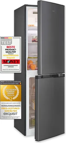 exquisit Kühl- und Gefrierkombination KGC195-65-NF-330E inoxlook-az - Kühlschrank mit 4-Sterne-Gefrierfach, energieeffizient mit Umluftkühlung und LED-Innenbeleuchtung für optimale Lagerung und Übersichtlichkeit.