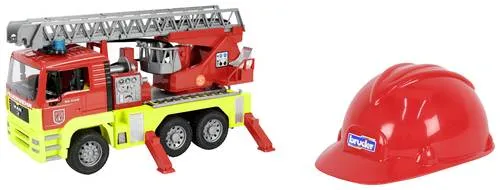 MAN TGA Feuerwehr mit Drehleiter und Spielhelm - 1:16 Modell des MAN TGA Feuerwehrwagens mit Drehleiter, inklusive Feuerwehr-Spielhelm – ideal für kreative Rollenspiele und Feuerwehr-Fans.