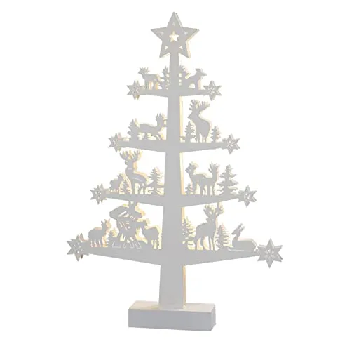 Hellum LED Tannenbaum mit timer, Fensterdeko, mit Waldtieren, Holz, weiß, Weihnachtsdeko, Tischdeko, 10 warm-weiße LED, 32x46cm, batteriebetrieben (2xAA, nicht inkl.!), für innen 522037