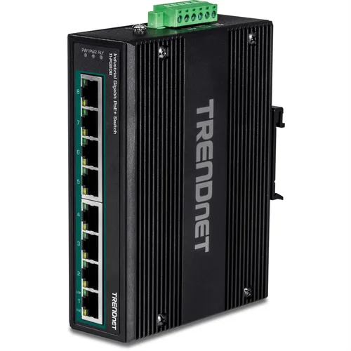 TRENDnet TI-PG80B - 8-Port PoE+ Switch - Switch für DIN-Schiene oder Wandmontage, bietet 200 W PoE+ Leistung und ist ideal für energieeffiziente Netzwerkinstallationen.