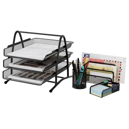 EasyPAG Metall Büro Schreibtisch Organizer 4er-Set, 3 Fächer A4 Dokumentenhalter Aktenablage Zeitschriftenhalter Briefablage Papier Organisator, Stiftköcher, Haftnotizenhalter, Briefständer,Schwarz