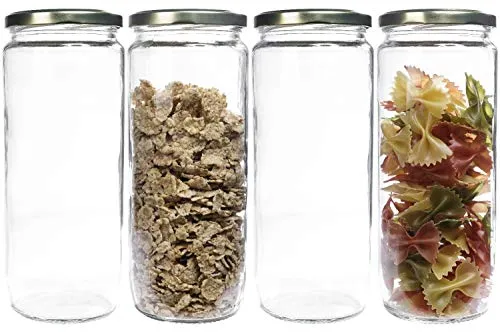 mikken 4er Set Vorratsglas 1,1 Liter mit Schraubverschluss, Einmachglas, Glasdose inkl. Beschriftungsetiketten