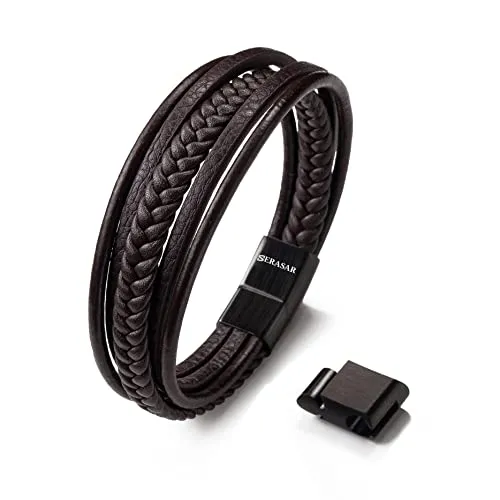 SERASAR Herren Lederarmband Braun 25cm - Elegantes Flecht-Armband für Männer - Armbänder für Herren, aus echtem Rindsleder mit einem starken Magnet-Verschluss, ideal als stilvolles Accessoire oder Geschenk in einer eleganten Schmuckschachtel.