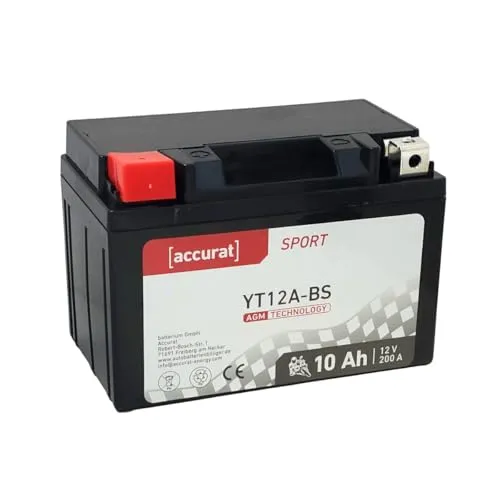 Accurat Motorradbatterie YT12A-BS, AGM, 12V 10Ah, wartungsfrei, zyklenfest | kompatibel mit YT12A-4, FT12A-BS, YTX12A-BS, rüttelfest, Starterbatterie, Erstausrüsterqualität, vorgeladen