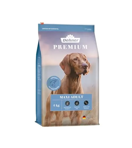 Dehner Premium Hundefutter Maxi Adult - Trockenfutter getreidefrei für große Rassen, ideal bei Getreideunverträglichkeit und fördert Verdauung und Immunsystem, 4 kg