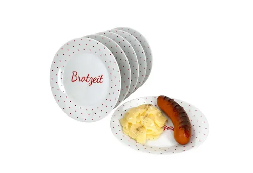 MamboCat Frühstücksteller 6er Set Berta, 19cm rot - Frühstücksteller-Set für 6 Personen, ideal für Brotzeit und Grillen. Aus Porzellan mit rot gepunktetem Design, spülmaschinen- und mikrowellengeeignet.