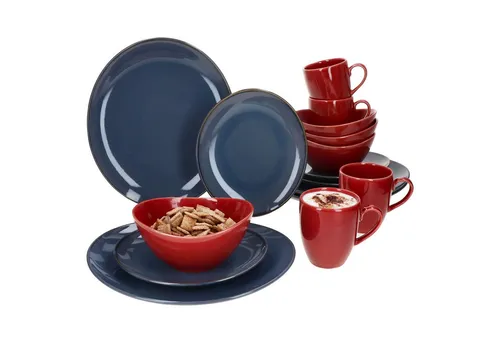 MÄSER Kombiservice Natural 16tlg - Modernes Geschirrset für 4 Personen - Kombiservice aus robustem Steingut in stilvollem rot-blau, spülmaschinen- und mikrowellengeeignet. Ideal für Tee, Kaffee, Hauptgerichte und Desserts.