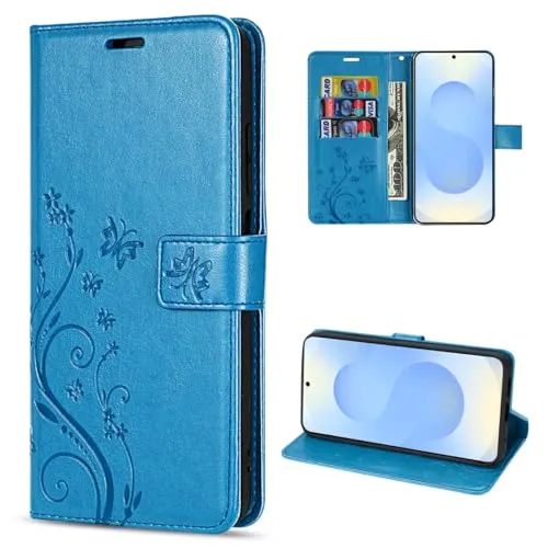 Handyhülle kompatibel mit Samsung Galaxy S25 | Premium PU Leder Handy Hülle Wallet Case | Schutzhülle Blumen Klapphülle | Blau
