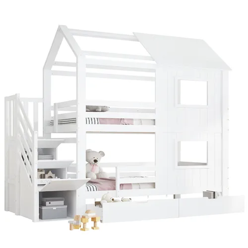 Etagenbett mit 2 Liegeflächen und Stauraum, 90x200 cm, Kinderbett mit Schubladen und Rausfallschutz - Praktisches Etagenbett für zwei Kinder mit Stauraumtreppe, integrierten Schubladen und Rundum-Absturzschutz. Stabil und ideal für kleine Räume.
