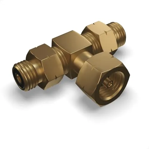 Drehmeister LPG T-Stück Adapter für alle Regler G.5 auf G.12 – Anschluss für 2 Gasflaschen oder Druckregler – Messing Verteiler für Großflasche W21.8 x 1/14 LH