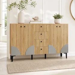 Sideboard Aus Spanplatte In Holzoptik, 4 Türen Und 4 Schubladen, 160 X 36 X 94 Cm