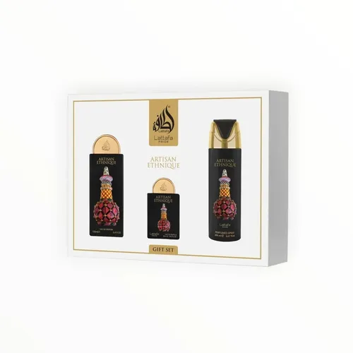 Lattafa Pride Artisan Ethnique Giftset - Unisex Duftset mit 100ml Eau de Parfum, 200ml Deospray und 20ml Miniatur. Ideal für Reisende und Geschenkideen. Verführt mit würzigen, gourmanden Noten für eine elegante Präsenz.