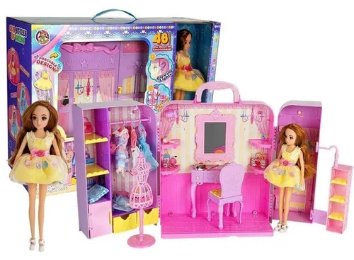 IMPORT LEANTOYS Kleiderschrank mit Licht und Spiegel Puppe 26 cm Dressing Set Zubehör