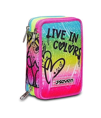 Seven Federmäppchen, Mäppchen, mehrfarbig, Federtasche für Schreibwaren, Etui komplett mit Bleistiften, Filzstiften, Schulmaterial, mit 3 Fächern, Mädchen, Schule - Grundschule, XXL rosa gelb