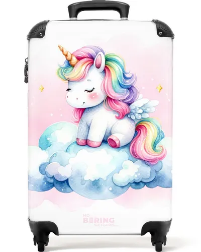 NoBoringSuitcases.com© Kinderkoffer Weißes Einhorn mit Regenbogenmähne auf einer Wolke 55x35x20cm, 4 Rollen, Handgepäck-Koffer, Kinderkoffer, Reisekoffer Mädchen