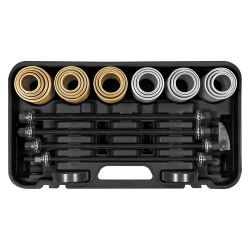 Yato YT-25411 Wartungs- und Reparaturset für Fahrzeuge - Praktisches Set mit 20 Buchsen für das Einpressen von Metall-Gummibuchsen, ideal für die Fahrzeugwartung ohne Demontage von Querlenkern. Enthält 4 Spannschrauben und 2 Zentrierplatten in einem robusten Koffer.
