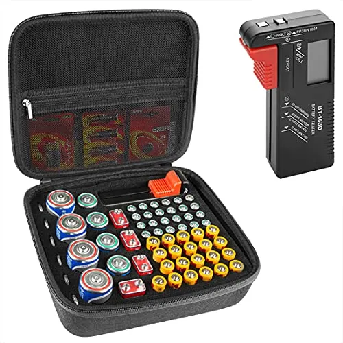Linkidea BT-168 Hartschalen-Batterieetui mit Tester – Ein tragbares Batterieetui für 63 Batterien (Typen AA, AAA, 9V, C und D) zum einfachen Transportieren und Aufbewahren