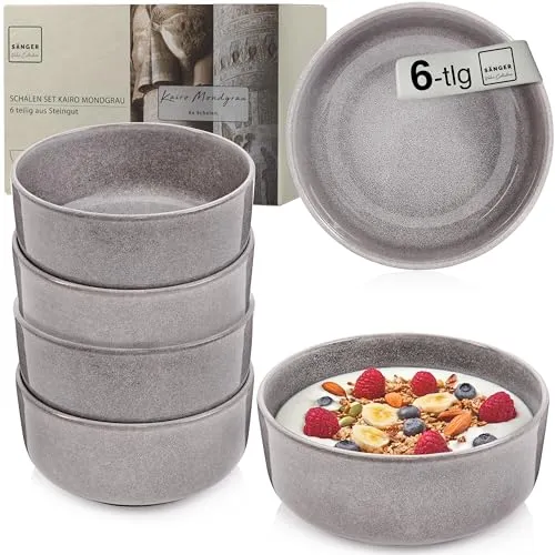 Sänger Kairo Mondgrau 6-teiliges Schüssel Set - Elegantes Steingut Schüssel Set für 6 Personen, kratzfest und ideal für Müsli, Snacks oder Suppen – perfekt für den täglichen Gebrauch!