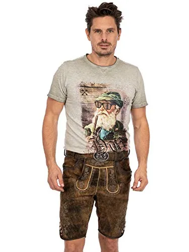 Maddox Lederhose HORN - Klassische kurze Lederhose Horn W aus robustem Ziegenleder in Antik-Bernstein. Ideal für festliche Anlässe, bietet sie zahlreiche praktische Taschen und traditionelle Zierelemente für einen authentischen Look.
