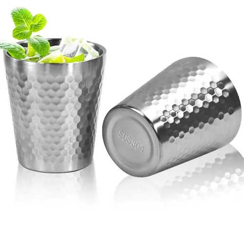 VGECEE 2 Stück Edelstahlbecher Metallbecher Doppelwandig 300ml Camping Tassen Stapelbar Edelstahl Trinkbecher Camping Becher Schnapsbecher Edelstahl Reisebecher Faltbar für Bier, Saft, Wasser