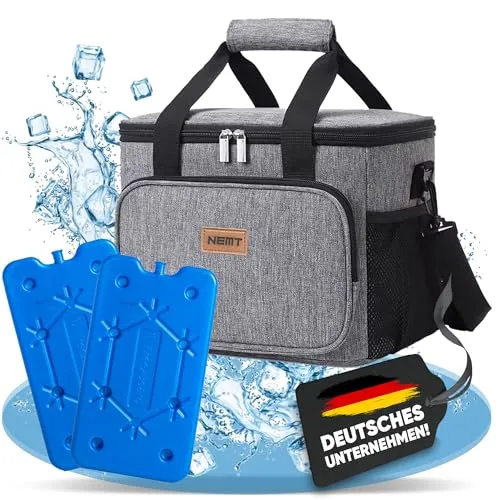 NEMT 15L Faltbare Kühltasche inkl. 2X Kühlakku [Picknicktasche Thermotasche Lunchtasche Tasche Isoliertasche für Lebensmitteltransport Mittagessen Auto Urlaub und Mini Kühlbox Einkauf (grau)]