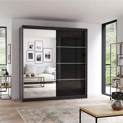 Schwebetürenschrank Multi 31 mit Spiegel 203 cm Schwarz - Schwebetürenschrank mit Spiegelfront, elegant und platzsparend, ideal für kleine Räume - bietet viel Stauraum und einen stilvollen Look.