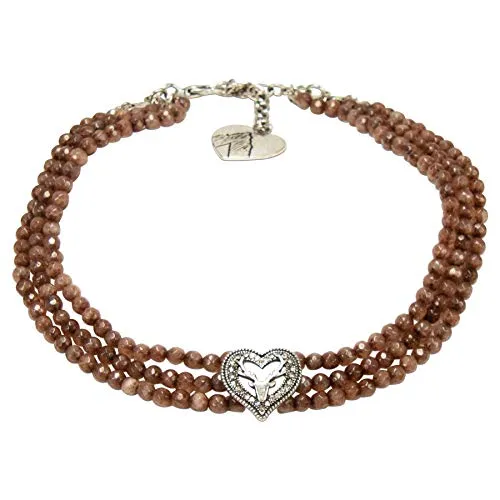 Alpenflüstern Trachten-Perlen-Kropfkette mit Strassherz Hirsch - Elegante 3-reihige Trachtenkette mit handgefertigten Perlen und antik-silber-farbenem Strassherz Hirsch, ideal für Dirndl und Trachten-Outfits.