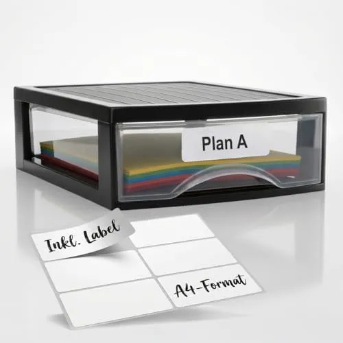 Hausfelder Schubladenbox A4 mit 1 Schublade inkl. Aufkleber, Schubladenturm Box aus Kunststoff für Schreibtisch, Büro, Kleiderschrank, Ablage Organizer Schwarz Transparent