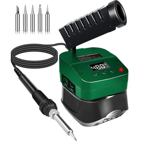 Akku Lötkolben für Bosch Home and Garden 18V PBA Akku, 60W Cordless Lötkolben Einstellbar Temperatur 180-480°C mit USB- und Typ-C-Ladeanschlüssen, Lötkolbenständer für Elektrische Arbeiten(Ohne Akku)