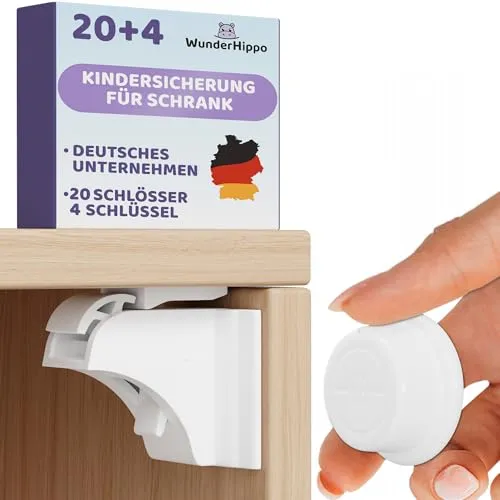 WunderHippo Magnetische Kindersicherung – 20 Schlösser + 4 Schlüssel - Unsichtbare Schranksicherung für Möbel. Einfache Montage ohne Bohren, schützt effektiv vor ungewolltem Zugriff. Starke Magnete für Schubladen, Schränke & mehr. Praktische Deaktivierung für kinderfreie Zeiten.