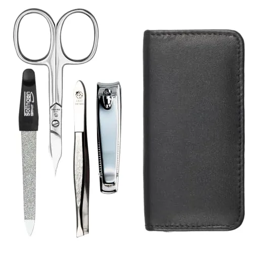 Hans Kniebes Maniküre Set 4-teilig Schwarz – Reise Nagelpflege Set für Damen & Herren – Profi Edelstahl Nagelschere, Nagelknipser, Feile & Pinzette – Echtes Nappa Leder Etui – Pediküre Set