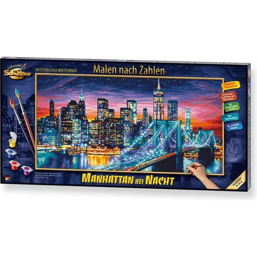 Schipper Malen nach Zahlen - Manhattan bei Nacht, 40 x 80 cm - Schreibutensilien - Vollständiges Set mit 36 Acrylfarben, Pinsel und Anleitung für ein beeindruckendes Kunstwerk, ideal für Hobbymaler ohne Vorkenntnisse.