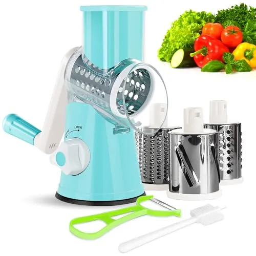 Wuciray Gemüseschneider Gemüsehobel Trommelreibe mit Kurbel 3 Trommelblättern Reibe für Gemüse Gemüsereibe Vegetable Chopper Mandoline Turbo Cut Käsereibe für Käse Ice Gurken Karotten Nüsse usw (blue)