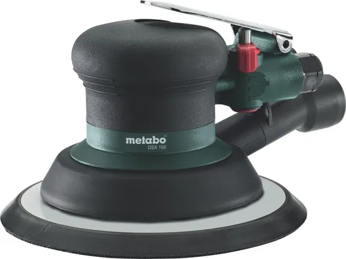 Metabo Exzenterschleifer DSX 150, Druckluft 150mm Ø - Schleifmaschine für ebenen und gewölbten Flächen, mit schallgedämpftem Luftaustritt für geräuschreduziertes Arbeiten und stufenloser Drehzahlregulierung.