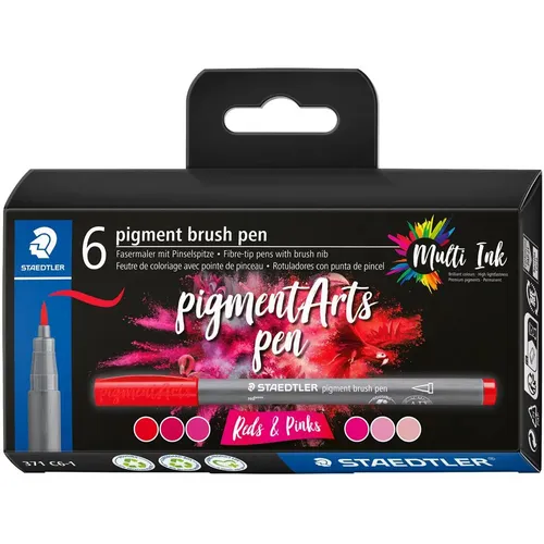 STAEDTLER brush pen pigment Arts - 6 Pinselstifte in reds pinks, pigmentierte Premium-Zeichentusche für variable Linienbreiten, wasserfest und ideal für kreative Maltechniken