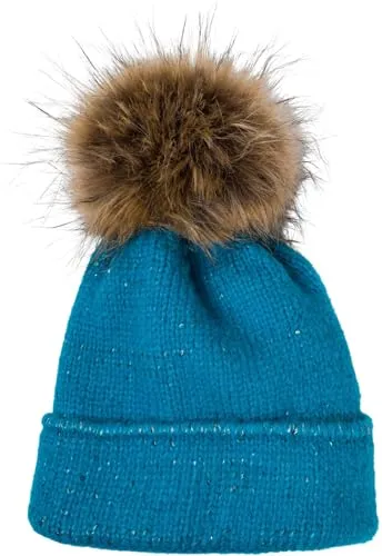 styleBREAKER Damen Strick Bommelmütze Petrol mit Pailletten - Strickmütze für Damen mit Kunstfell Bommel und warmem Fleece-Futter. Ideal für kalte Tage und modisch zugleich.
