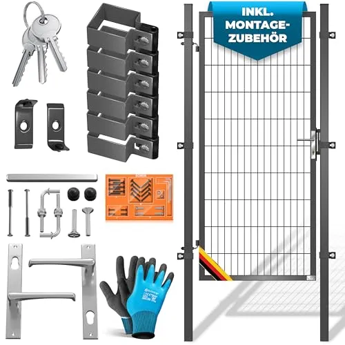 KESSER® Gartentor Premium Gartentür aus Metall verzinktem Stahl, Gartentür für Stabmattenzau Zauntor, Hoftor, inkl. Pfosten mit Schloss Türklinke und Schlüssel, 200 x 106cm Anthrazit