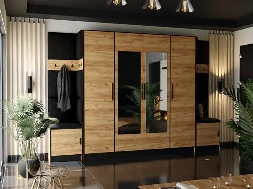 KIER FURNITURE Kleiderschrank Mit Gepolstertem Sitz Und Paneelen – Gardarobenstaender – Sitzbank Garderobe – Flurgarderobe Schmal – Farbe Eiche Craft Golden + Stoff Schwarz – 312,8x205x39 cm