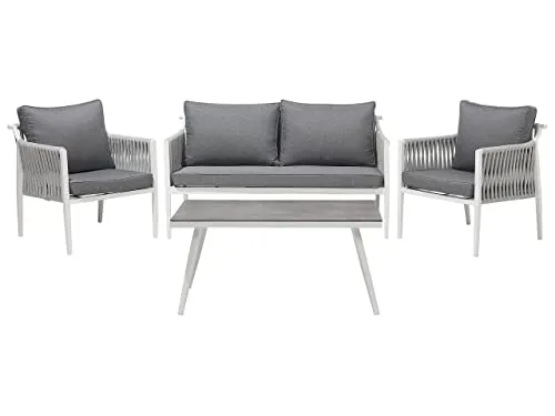 Beliani Lounge Set für 4 Personen - Modernes Gartenset mit Seilbespannung - Sofas: Bequemes Designer Gartenset für Terrasse oder Garten, mit pulverbeschichtetem Aluminium und UV-beständigen Kissen für höchsten Komfort.