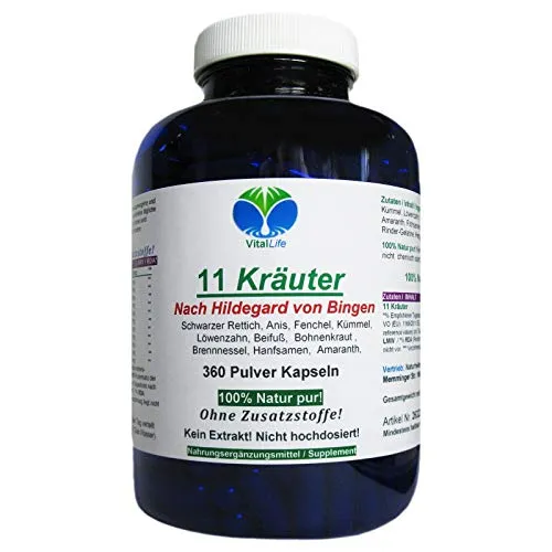 Hildegard von Bingen TOP 11 Kräuter & Bitterstoffe 360 Pulver Kapseln mit Löwenzahn, Rettich, Brennnessel, Flohsamen uvm. NATUR PUR. 26323