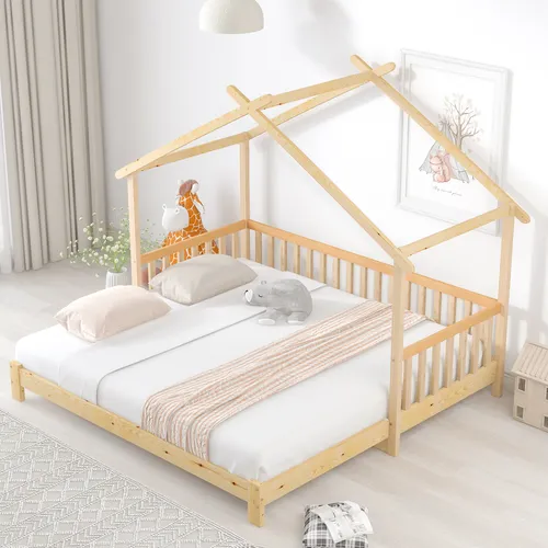 Ausziehbett Kinderbett mit Lattenrost, 90x200 cm / 180x200 cm, Kieferholz - Naturbelassen - Robustes Kinderbett aus massivem Kieferholz, einfach zum Doppelbett aufklappbar für maximalen Komfort. Ideal für Kinderzimmer, mit einfacher Montage und hoher Stabilität.