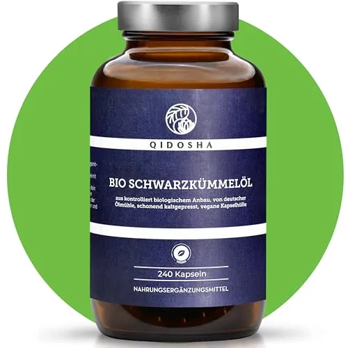 QIDOSHA® Bio Schwarzkümmelöl Kapseln - 240 vegane Kapseln - Omega-6 Öl aus deutschem Rohmaterial, kaltgepresst mit hohem Thymochinon-Gehalt, ideal zur Unterstützung des Cholesterinspiegels und in lichtgeschütztem Braunglas verpackt.