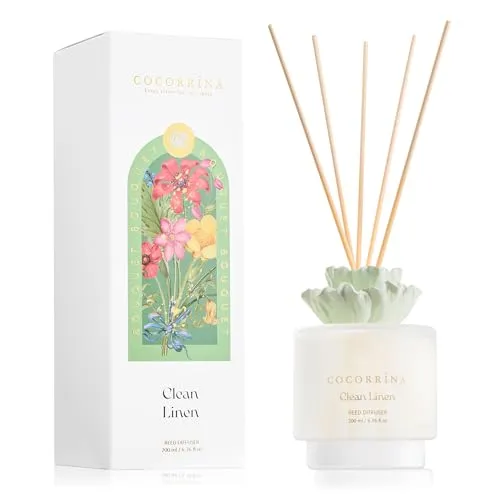 COCORRÍNA Raumduft mit 8 Duftstäbchen 200ml, Clean Linen, Langanhaltend, Home Duft für Badezimmer, Wohnzimmer, Schlafzimmer, Regal Dekor (Gipsblume)