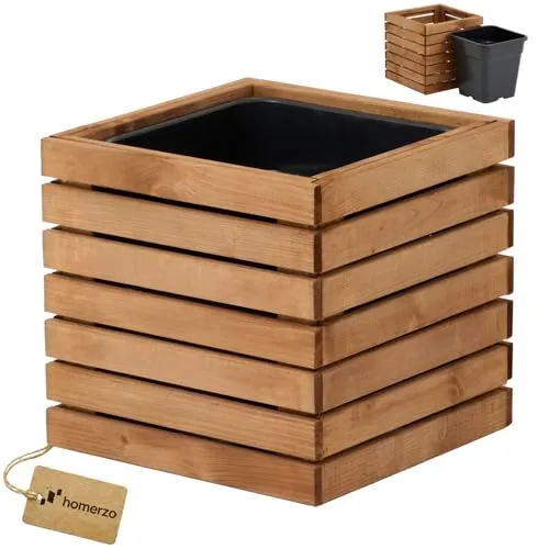 HOMERZO Pflanzkübel Holz – imprägniert wetterfest – mit herausnehmbarem Kunststoffeinsatz – Hochbeet Blumenkasten für Balkon Garten Terrasse (Horizontal-braun 36x36 H35 cm)