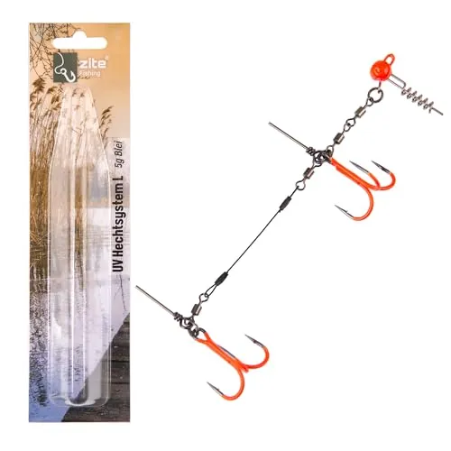 Zite Fishing Gummifisch-System Hecht Angeln UV Aktiv | 21-26cm Big Bait Gummiköder | 5-20g Stinger-System L 13cm | Gummiköder Fertigmontage mit Screw-In-Jighead | Softbait Angsthaken Drillinge (5g)